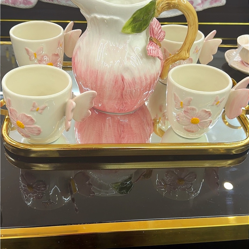 Pink Floral Ceramic Pitcher and Cup Set